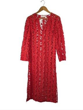 Anthropologie Kaftan Women Red 3DFloral Embroidery Resort Dress/Coverup Xs/S New